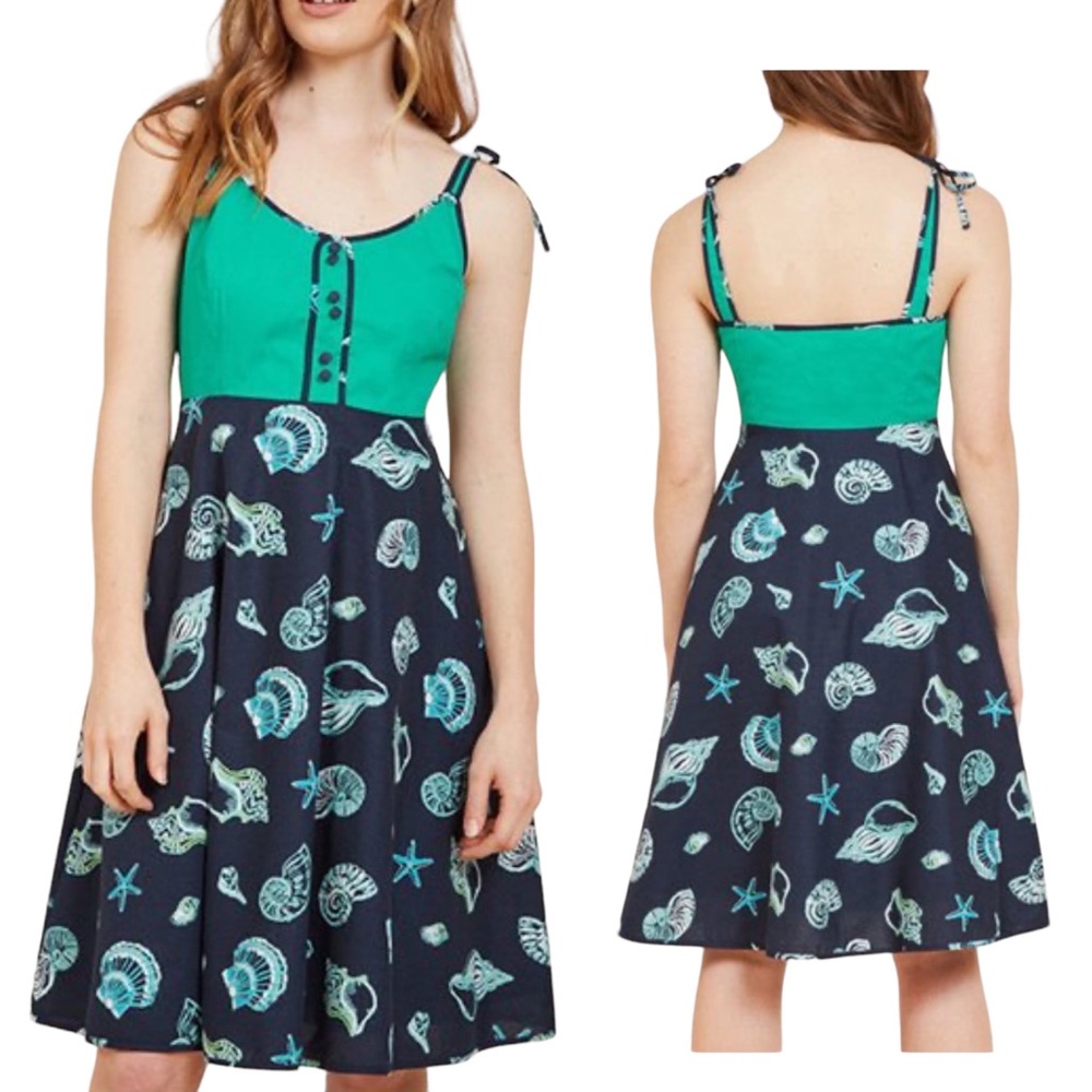 MODCLOTH Waving From the Waterfront Seashell Midi Dress XL Blue Green